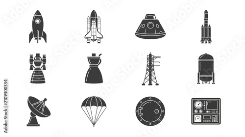 Set of flat monochrome icons representing space exploration and rocket ship technology.