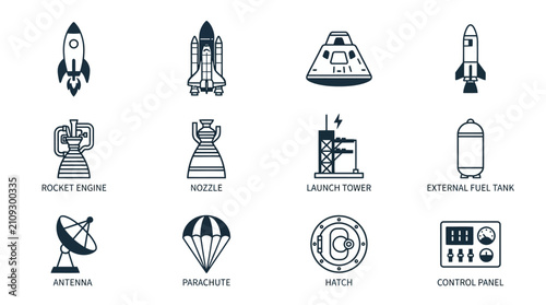 Set of space exploration and rocket technology icons in a flat line style.
