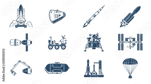 Set of various space exploration and rocket icons in a flat blue style.
