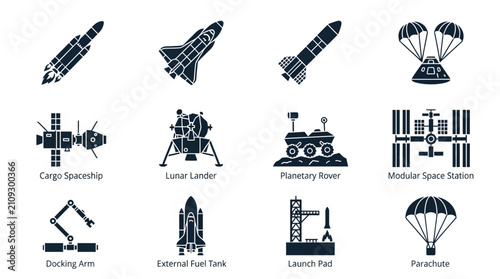 Set of flat vector icons representing various space exploration vehicles and equipment for aerospace design projects.