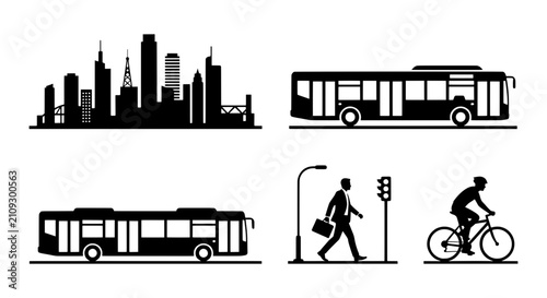 Bild auf Leinwand Cityscape Silhouette, Bus, Pedestrian Crossing, Cyclist Icons: Urban Transport a