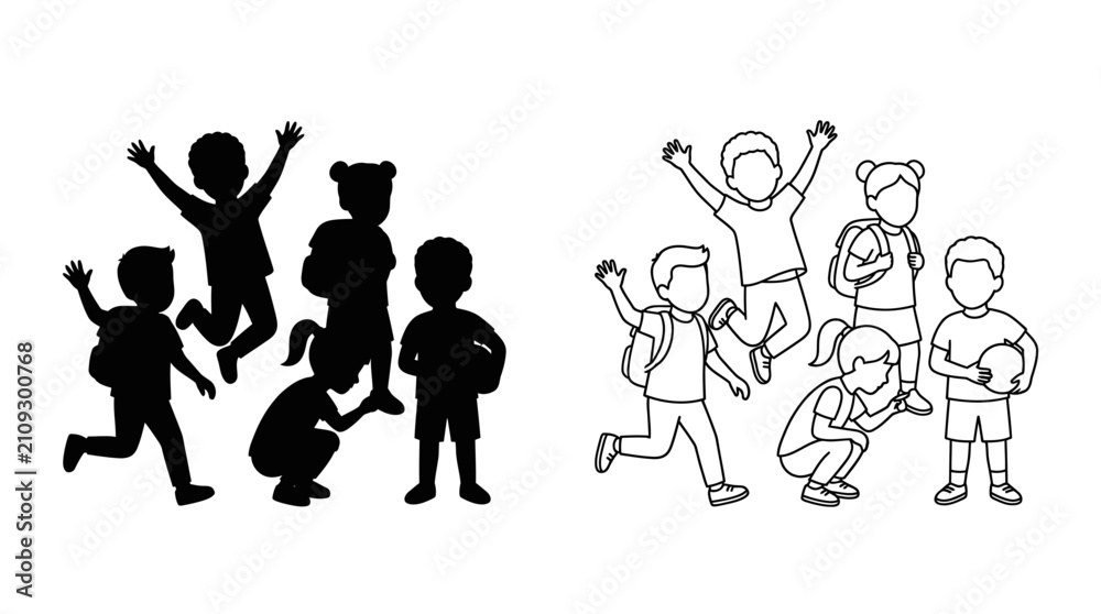 Obraz premium Children silhouettes and line art illustrations on a white background