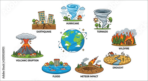 Schilderij op canvas Vector illustration depicting various natural disasters surrounding a globe with
