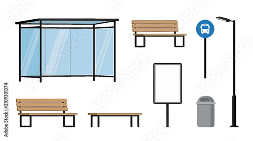 Set of city bus stop elements and public transport infrastructure.