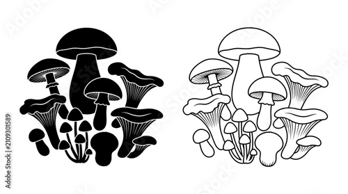 Cuadro en lienzo Mushroom cluster illustration black and white line art with contrasting tones