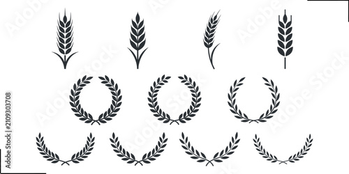 Wheat ear and laurel wreath icon set, agriculture harvest and award victory symbols, outline vector collection