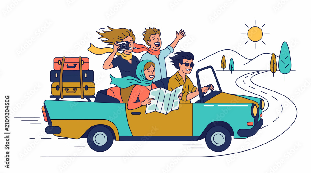 Fototapeta premium Four happy friends on a road trip in a convertible car, driving through a scenic landscape with luggage, enjoying their summer vacation.