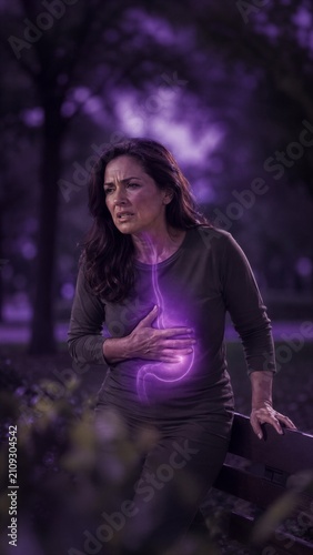 Woman suffering from heartburn or stomach acid reflux. Girl experiencing abdominal pain with glowing digestive organ illustration. Healthcare concept for medical treatment and indigestion.