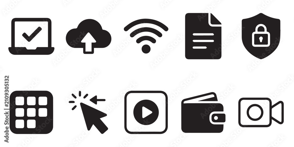 Fototapeta premium Essential business and technology icon set. Modern web interface symbols for digital apps. A collection of professional black vector icons for web design, user interface, and digital business 