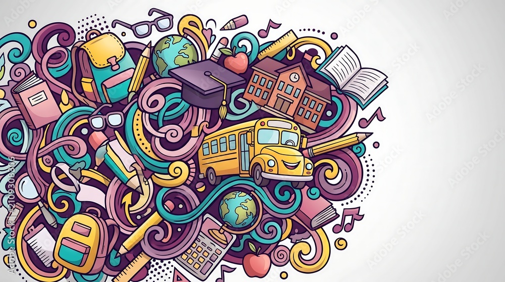 Fototapeta premium Colorful doodle back to school educational supplies illustration with displays vibrant assortment globe white background