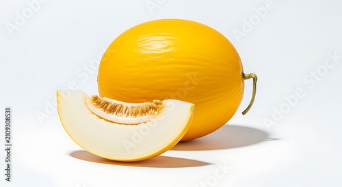 Vibrant Yellow Canary Melon with Fresh Wedge on White Background