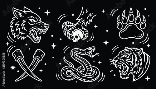 Vintage animal tattoo flash illustrations for apparel design and vector graphics