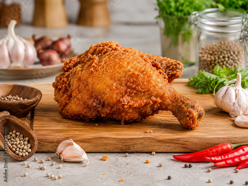 Crispy golden-brown fried chicken leg served on a wooden cutting board, surrounded by garlic, red chili peppers, peppercorns, fresh herbs, and spices on a modern kitchen countertop.