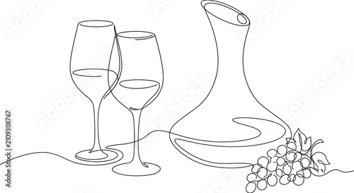 Continuous One Line Wine Decanter Glasses and Grapes Elegant Beverage Illustration