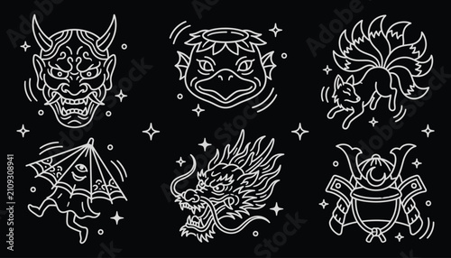 Japanese folklore creature icons in white line art style for tattoo and merchandise branding