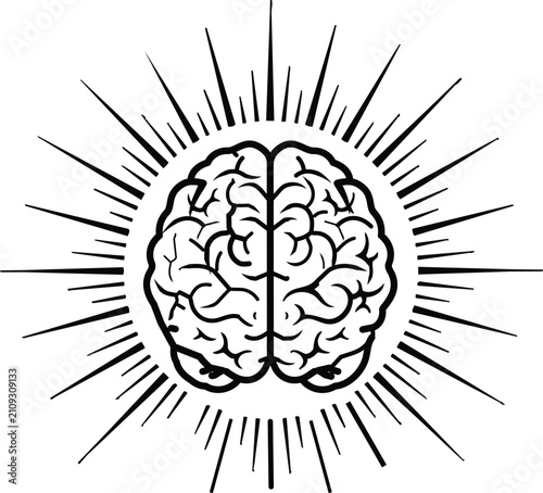 Vintage anatomical brain vector with elegant sunburst halo