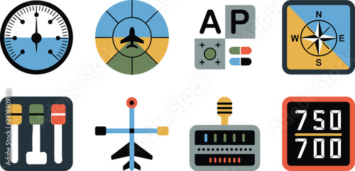 Obraz na płótnie Aviation Instruments Vector Set with Altimeter Radar Autopilot Compass Throttle