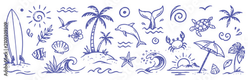 Hand drawn beach summer doodles and tropical sketch elements. Surfboard, palm trees, shells, waves and island vacation vector collection.