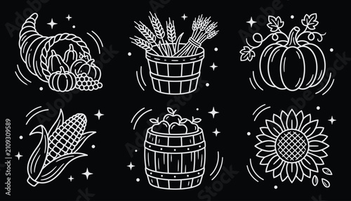 Autumn harvest line icons set with pumpkin wheat and cornucopia on black background