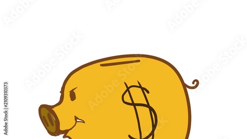 Coins fall into a cute cartoon piggy bank.