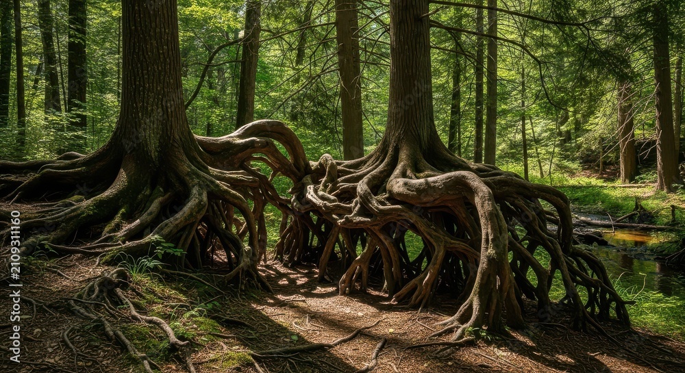 Fototapeta premium Ancient Intertwined Tree Roots in a Sunlit Forest Path