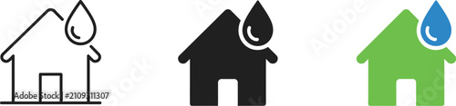 House Hydration Icon Set featuring home with water drop, plumbing system, water leakage detection, environmental water management, sanitation, and residential utility symbols in editable vector styles