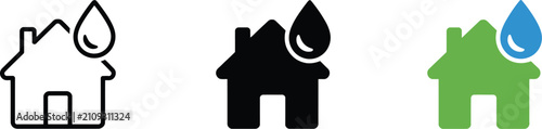 House Hydration Icon Set featuring home with water drop, plumbing system, water leakage detection, environmental water management, sanitation, and residential utility symbols in editable vector styles