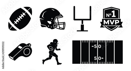 American Football Icons Vector Silhouette Set On White Background