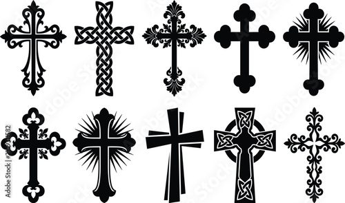 Foto Diverse Christian cross icons set with gothic celtic and ornamental black silhou