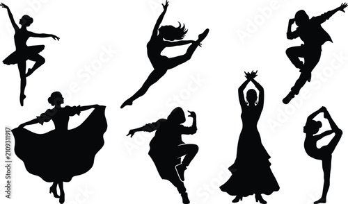 Фотография Diverse dancers silhouettes set with ballet contemporary hip hop and traditional