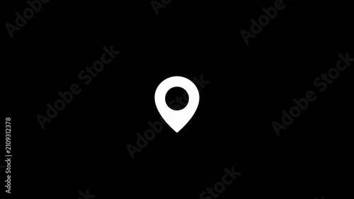 A simple, solid white location pin is centered on a plain black background, representing a map marker, destination, or geographical point of interest. Keywords: location, pin, map, marker, symbol