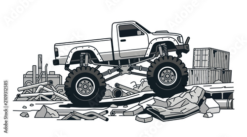 Canvastavla Monster Truck Junkyard Vector Illustration