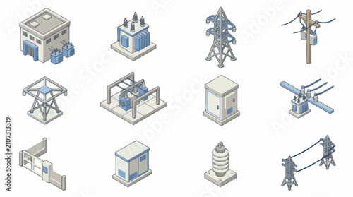 Isometric Industrial Technology and Infrastructure Icons Set.