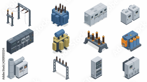 Isometric view of various electrical power distribution equipment.