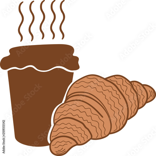 Foto Fresh steaming brown coffee cup and delicious flaky buttery croissant illustrati