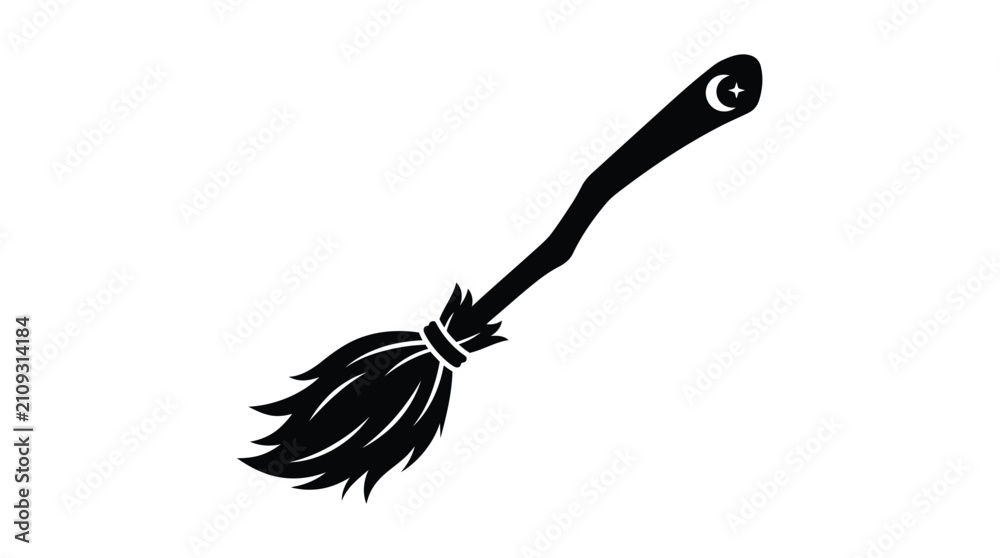 Obraz premium Black Silhouette Of A Witch s Broom With Crescent Moon Detail