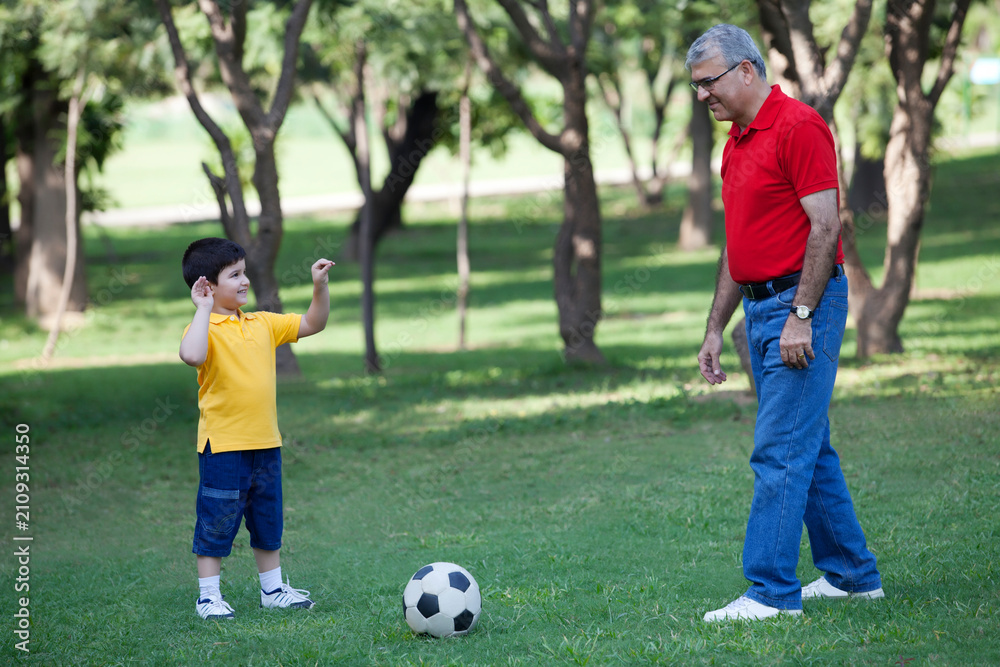 Obraz premium Grandson and grandfather in a park