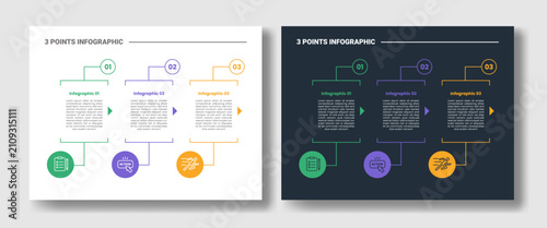 3 points step infographic with number badge circle, arrow and line connector layout with dark and light color mode set with outline style flat vector