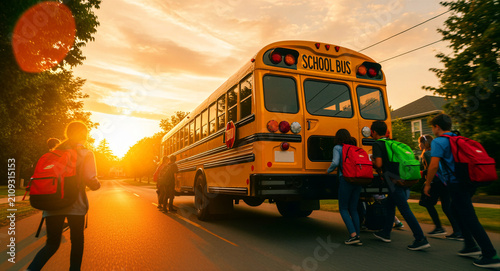 Children with backpacks boarding a yellow school bus at sunset. Students gather in a suburban street during golden hour. Back to school education concept for student safety campaigns.