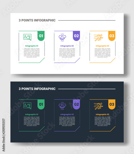 3 points step infographic with rectangle outline border and corner triangle pointer layout with dark and light color mode set with outline style flat vector