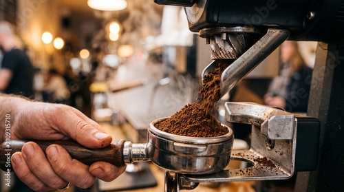 A close-up shot captures a skilled hand tamping freshly ground coffee into an espresso portafilter, with steam rising from the grinder in the background, suggesting a warm.