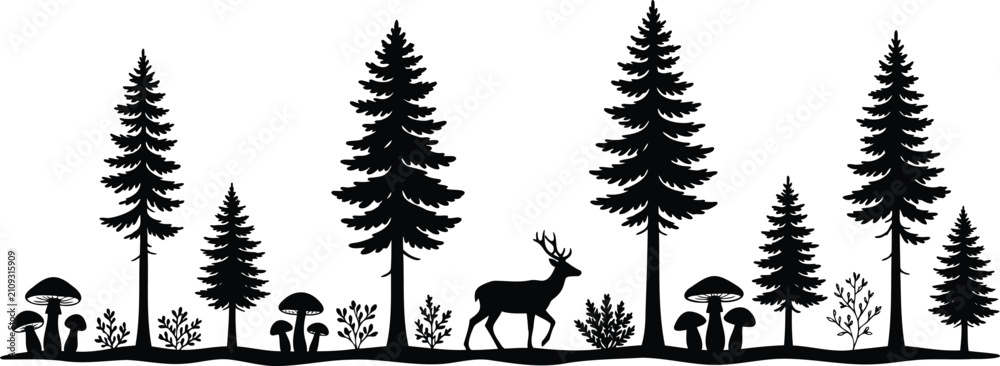 Obraz premium Black silhouette of a deer in a pine forest with mushrooms