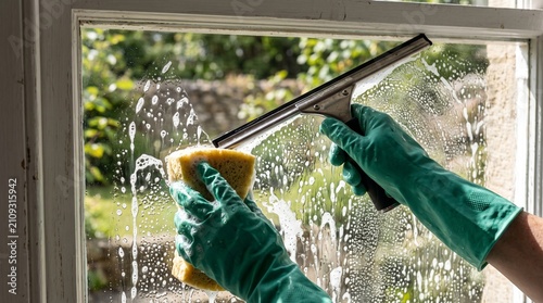 Gloves-clad hands with sponge and squeegee clean a window, creating streaks of water and foam. The background shows a green, out-of-focus garden scene, implying a domestic setting and household chore.