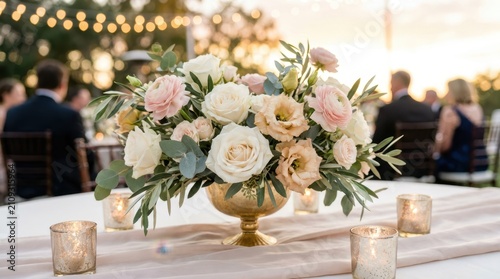 Elegant outdoor wedding reception table setting with floral centerpiece and candles