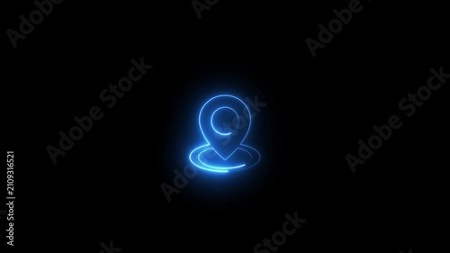 A bright blue neon outline of a location pin with a glowing effect centered on a completely black background representing a digital interface or a concept of navigation and destination