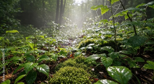 Spiderweb catches morning light in lush forest undergrowth
