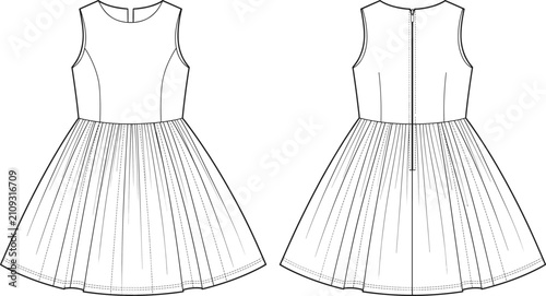 Fashion technical sketch of a sleeveless pleated dress for women, front and back view design template