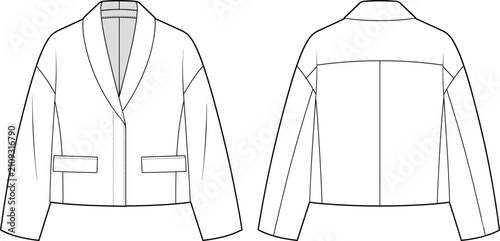 Foto Fashion technical sketch of a women's cropped jacket with shawl collar and pocke