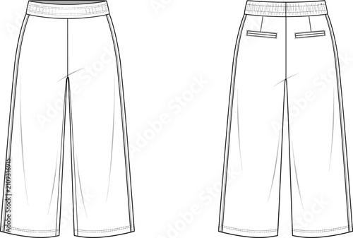 Fashion technical sketch of women's wide leg trousers with elastic waistband and back pockets for apparel design