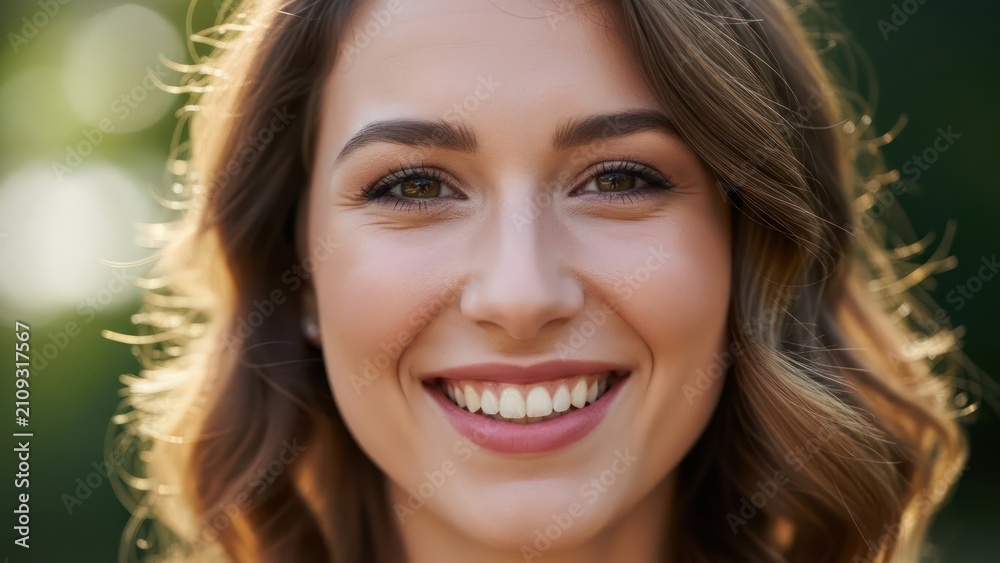 Fototapeta premium Close-up Portrait of a Smiling Young Woman with Natural Light